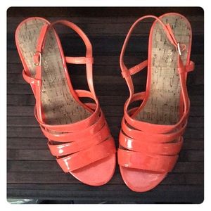 Ann Marino orange patent leather cork wedge